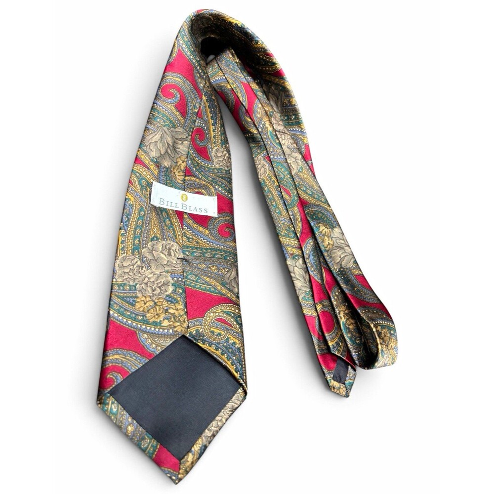 Vintage Bill Blass Men’s 100% Silk Pointed Paisley Red Blue Gold Gray Necktie